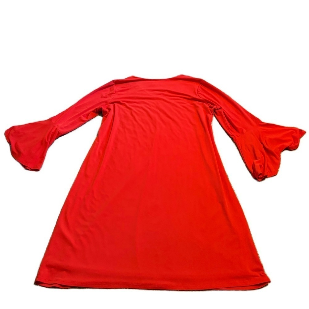 Susan Graver Vibrant Red Flared Sleeve Dress Bell Sleeve Large V-neck - Picture 2 of 5
